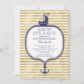 モダンストライプ金ゴールド航海の帆船ベイビーシャワーズ 招待状 (正面)