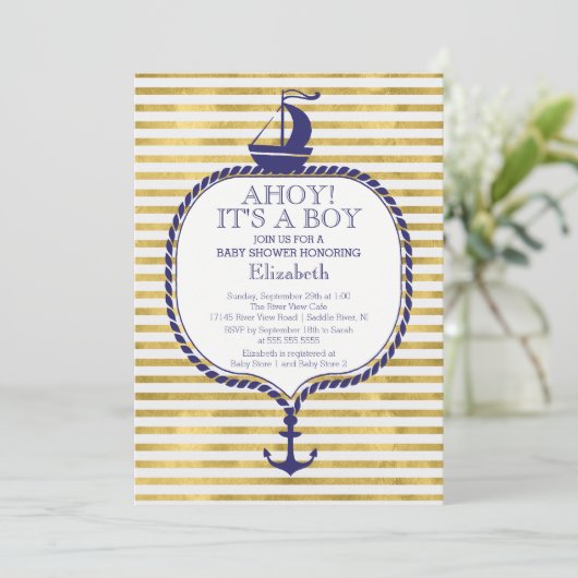 モダンストライプ金ゴールド航海の帆船ベイビーシャワーズ 招待状 (スタンド正面)