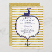 モダンストライプ金ゴールド航海の帆船ベイビーシャワーズ 招待状 (正面/裏面)