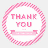 モダンストライプPink Baby Shower ラウンドシール (正面)