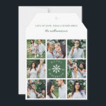 モダンスノーフレークエイトフォトコラージュグリッドフォト シーズンカード<br><div class="desc">当社のカスタムホリデー写真カードで、魔法のようなお祭り気分を味わいましょう。当社のモダンでミニマルなホリデーデザインは、8つの写真コラージュグリッドホリデー写真レイアウトを採用しています。白い雪の結晶とグリーティングメッセージが入った緑の四角形が、写真グリッドレイアウトの中心に配置されています。ホリデー写真カードの裏面は、ボールドでモダンなエメラルドグリーンの背景に、白いモダンな太い雪の結晶パターンが特徴です。テキストサイズ、テキストカラー、フォント、レイアウトをカスタマイズして、独自のデザインにすることができます</div>