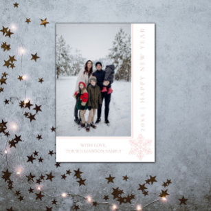 モダンスノーフレーク新年の写真カード  ピンク シーズンカード