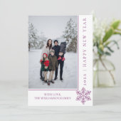 モダンスノーフレーク新年の写真カード |マゼンタ シーズンカード (スタンド正面)