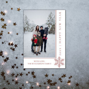 モダンスノーフレーク新年の写真カード  赤 シーズンカード