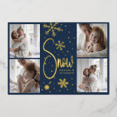 モダンスノーフレーク4ファミリー写真クリスマス2023 箔シーズンカード (正面)