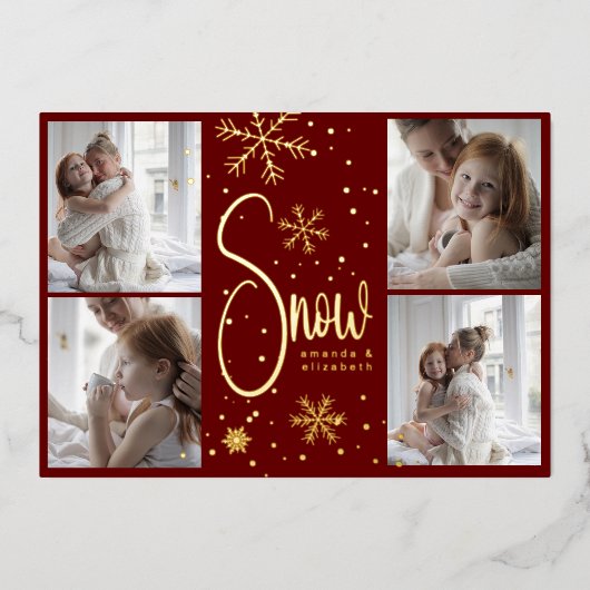 モダンスノーフレーク4ファミリー写真クリスマス2023 箔シーズンカード (正面)