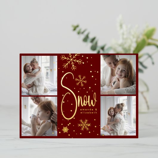 モダンスノーフレーク4ファミリー写真クリスマス2023 箔シーズンカード (立ち正面)
