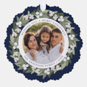 モダンスノーベリーグリーンリースネイビー写真 オーナメントカード (正面)