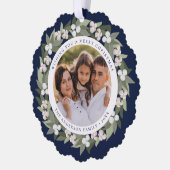 モダンスノーベリーグリーンリースネイビー写真 オーナメントカード (左)