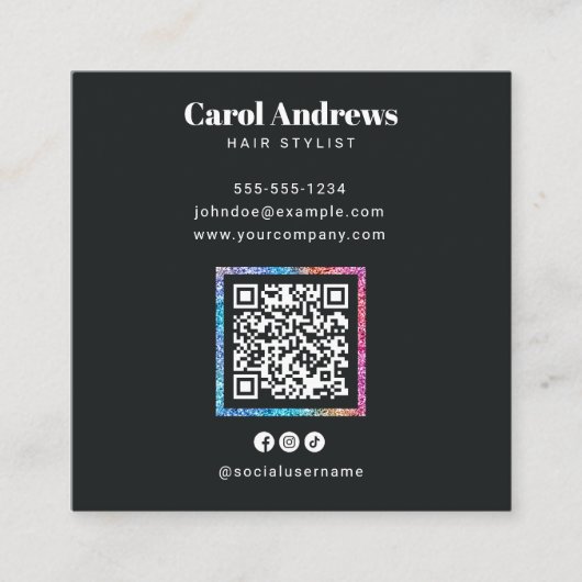 モダンスパークルシザー ブラック ヘアサロン QR コード スクエア名刺 (正面)