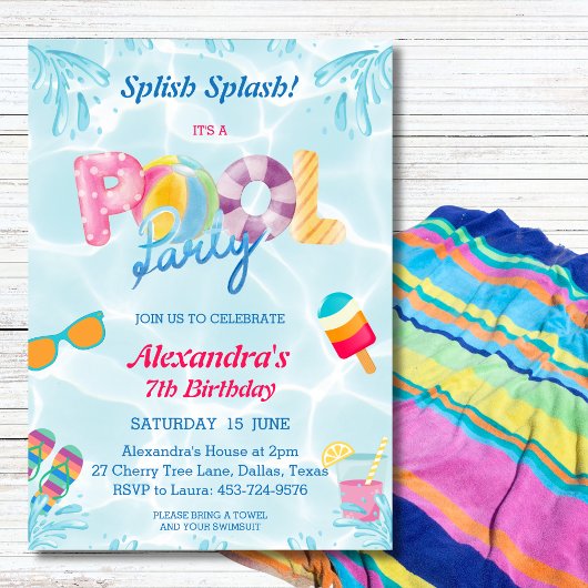 モダンスプラッシュクールガールのプールパーティー 招待状