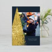 モダンスペックルクリスマスツリーネイビーひとときの写真 箔シーズンカード (立ち正面)