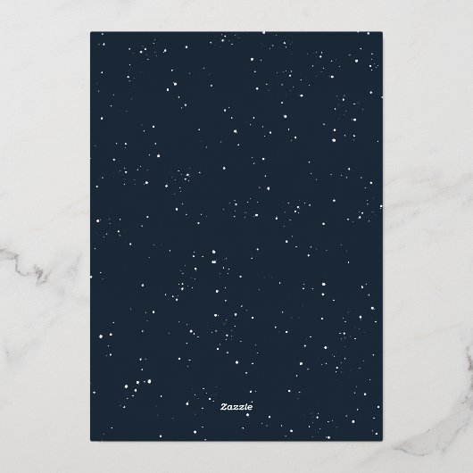 モダンスペックルクリスマスツリーネイビーひとときの写真 箔シーズンカード (裏面)