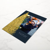 モダンスペックルクリスマスツリーネイビーひとときの写真 箔シーズンカード (回転した状態)