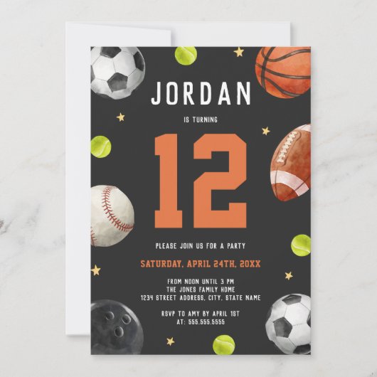 モダンスポーツテーマの誕生日パーティー 招待状 (正面)