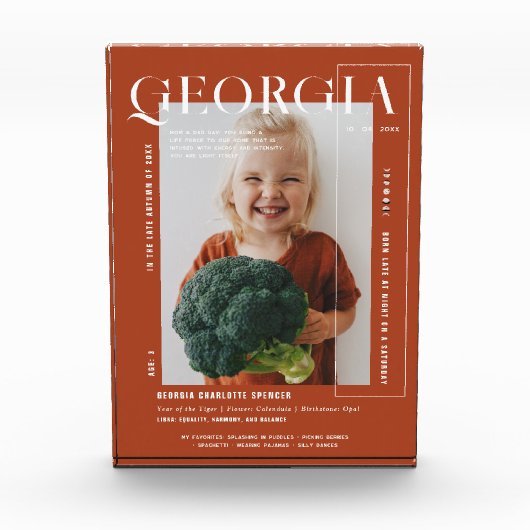 モダンスミニマルナップショット | 任意の年誕生日 フォトブロック (正面)