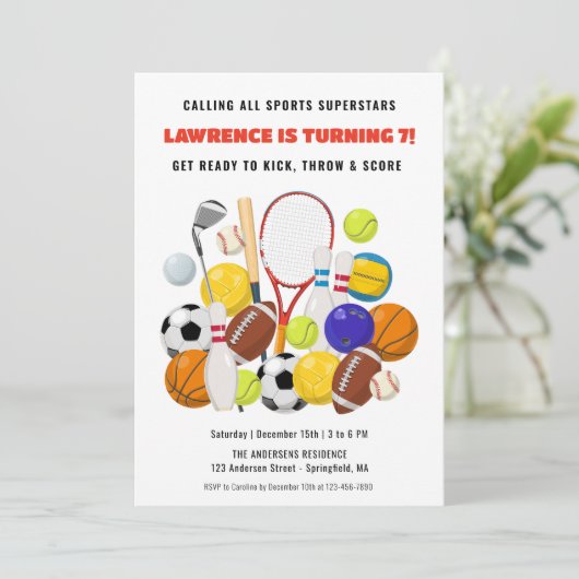 モダンスーパースターキッズ男子スポーツバースデーパーティー 招待状 (スタンド正面)