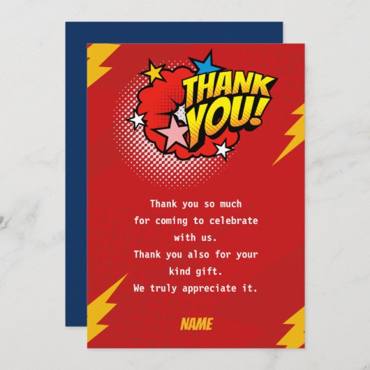 モダンスーパーヒーローの男の子の誕生日 サンキューカード (正面/裏面)