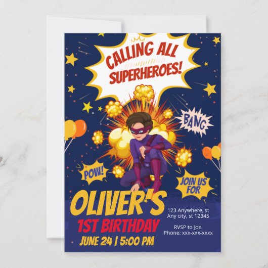 モダンスーパーヒーローの男の子の誕生日 招待状 (正面)