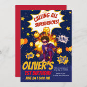 モダンスーパーヒーローの男の子の誕生日 招待状 (正面/裏面)