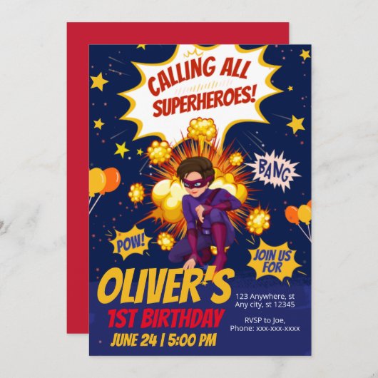 モダンスーパーヒーローの男の子の誕生日 招待状 (正面/裏面)