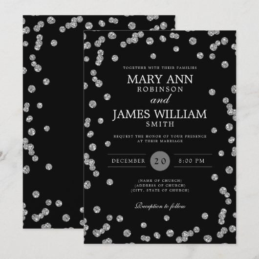 モダンス結婚シルバーグリッター紙吹雪ブラック 招待状 (正面/裏面)