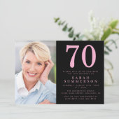 モダンセブンティピンクブラックフォト70歳の誕生日 招待状 (スタンド正面)