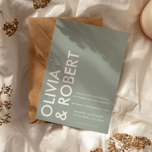 モダンセージグはっきりしたリー結婚ミニマル 招待状