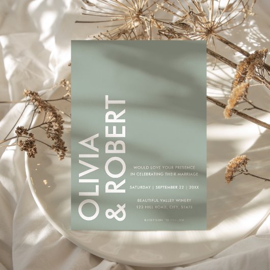 モダンセージグはっきりしたリー結婚ミニマル 招待状