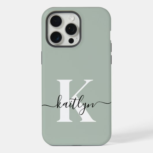 モダンセージグリーンスクリプトモノグラム iPhoneケース (裏面)