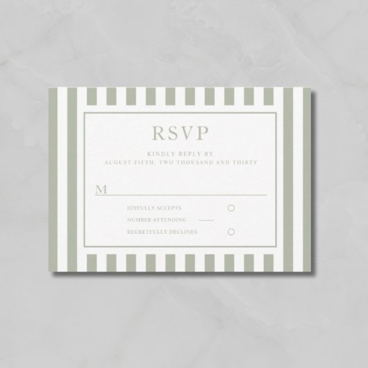 モダンセージグリーンストライプの結婚式 出欠カード