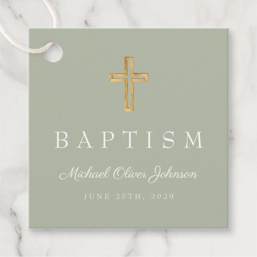 モダンセージ緑の宗教十字脚洗礼 フェイバータグ (正面)
