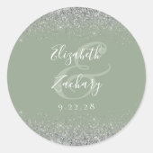 モダンセージ緑シルバーグリッターエッジ結婚ズ ラウンドシール (正面)