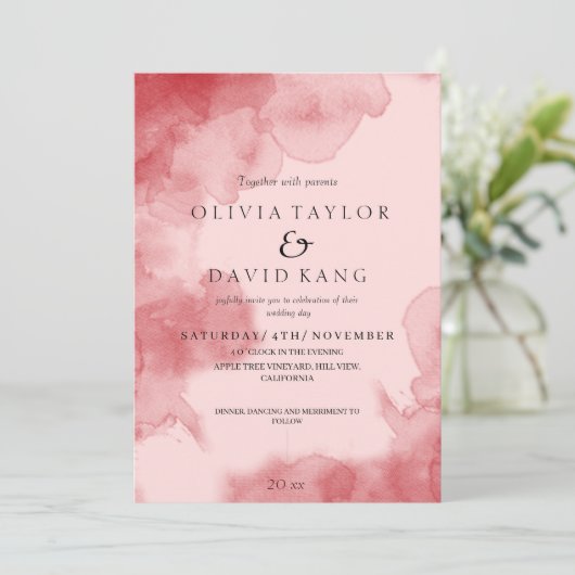 モダンソフトウォーターグラデーションカラーレッド結婚 招待状 (スタンド正面)