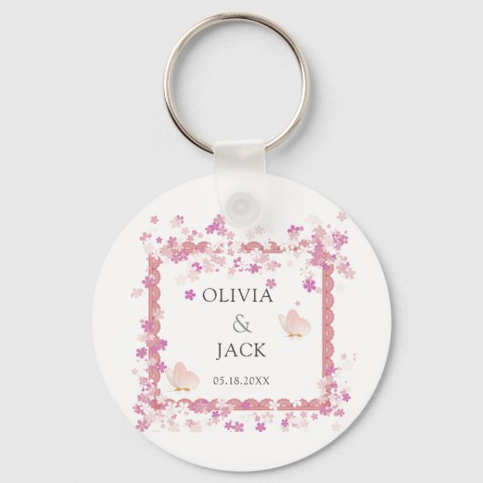 モダンソフトピンクフローラ&バタフライ結婚サマー キーホルダー (正面)