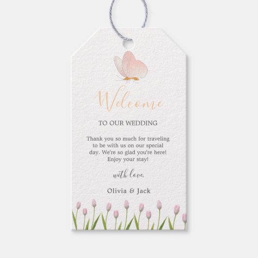 モダンソフトピンクフローラ&バタフライ結婚サマー ギフトタグ (正面)
