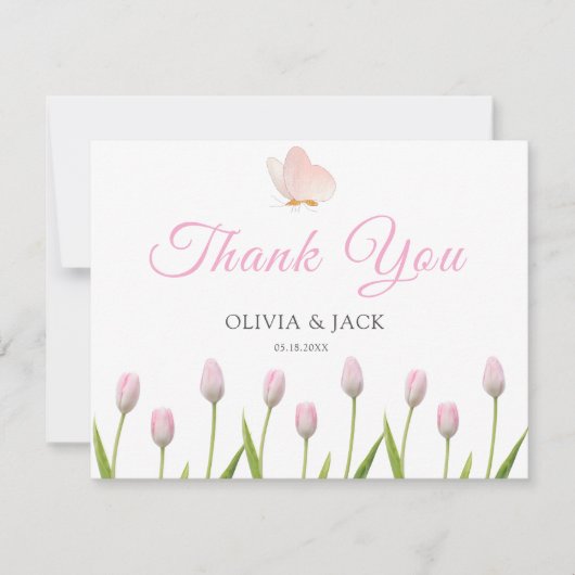 モダンソフトピンクフローラ&バタフライ結婚サマー サンキューカード (正面)