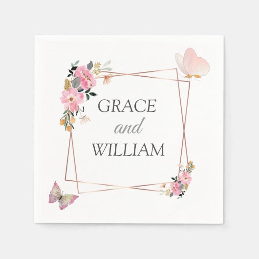 モダンソフトピンクフローラ&バタフライ結婚サマー スタンダードカクテルナプキン (正面)