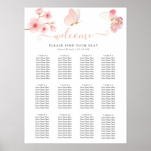 モダンソフトピンクフローラ&バタフライ結婚サマー ポスター (正面)