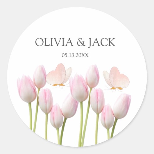 モダンソフトピンクフローラ&バタフライ結婚サマー ラウンドシール (正面)