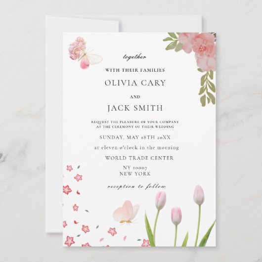 モダンソフトピンクフローラ&バタフライ結婚サマー 招待状 (正面)