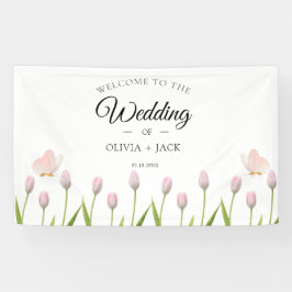 モダンソフトピンクフローラ&バタフライ結婚サマー 横断幕