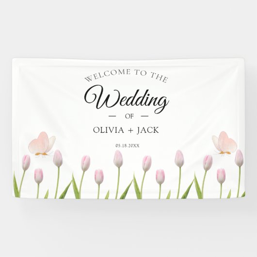 モダンソフトピンクフローラ&バタフライ結婚サマー 横断幕 (横)