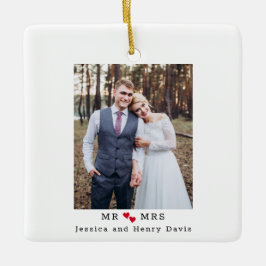 モダンタイプライター フォント 赤いハートの写真 "Mr and Mrs" セラミックオーナメント