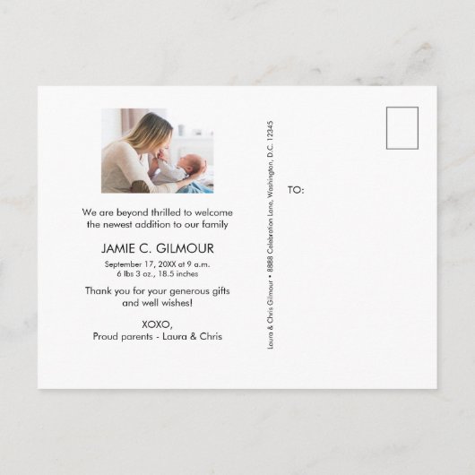 モダンタイポグラフィありがとうカスタムベビー写真 案内ポストカード (裏面)