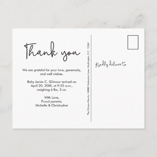 モダンタイポグラフィありがとうカスタムベビー写真 案内ポストカード (裏面)
