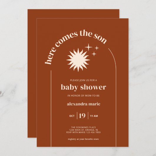 モダンタイポグラフィこ来この息子の赤ちゃんシャワー 招待状 (正面/裏面)