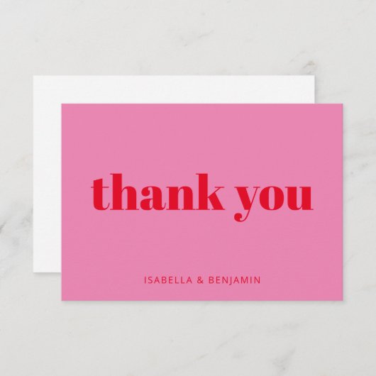 モダンタイポグラフィはっきりしたピンクと赤のカスタムウェディング サンキューカード (正面/裏面)