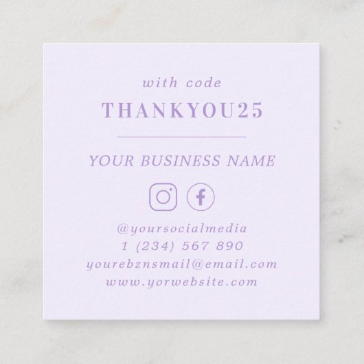 モダンタイポグラフィはっきりした薄紫ラベンダービジネス 割引カード (裏面)
