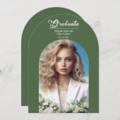 モダンタイポグラフィはっきりした院生オリーブグリーンアーチ 招待状 (正面/裏面)